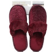 Wholesale - S-XL WOMEN WINE RIBBED VELVET SLIPPER W/GLITTER DETAIL GOLD TOE C/P 18